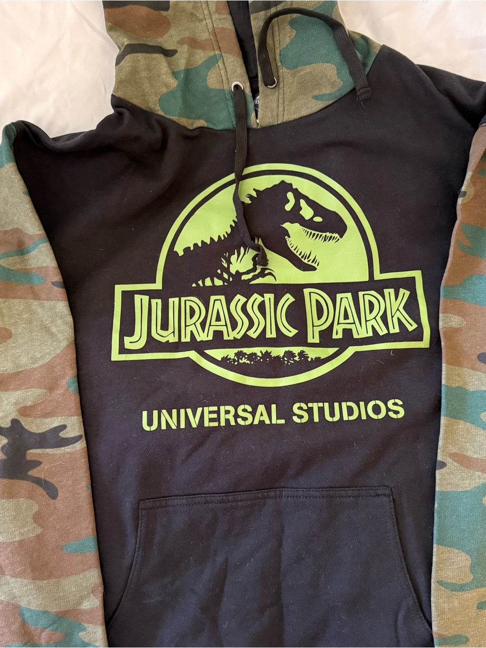 Universal Jurassic Park Black Hoodie with Camo Sleeves and Neon Green Logo
